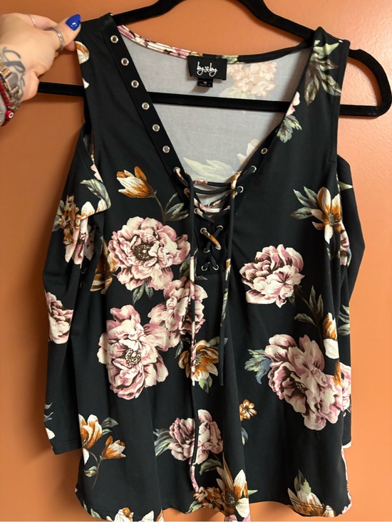 by & by Tops - by & by Black Floral Lace-Up Cold-Shoulder Long Sleeve Top